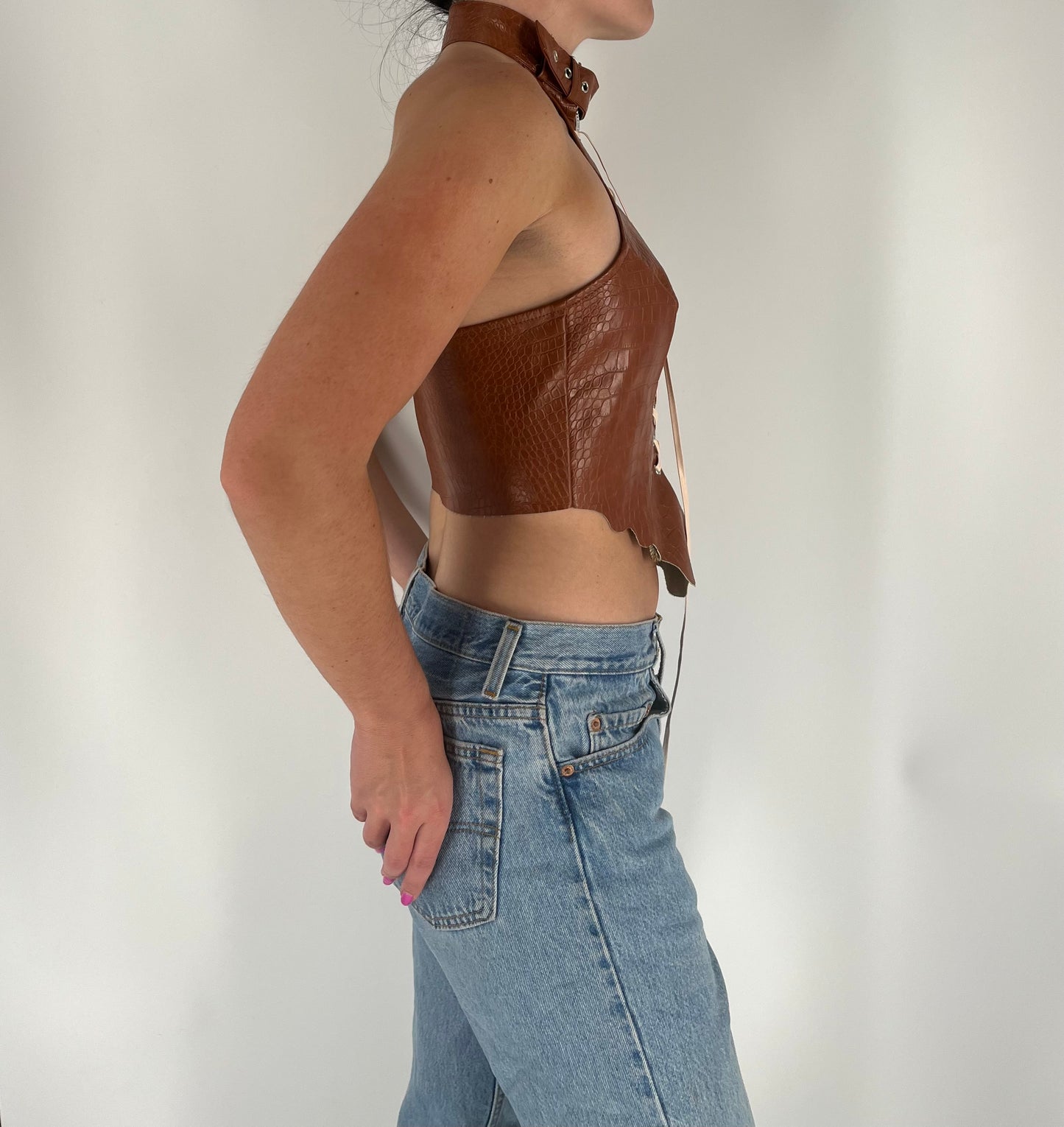 Unique Halter Crop Top With Belt Neck and Lace Up Detail
