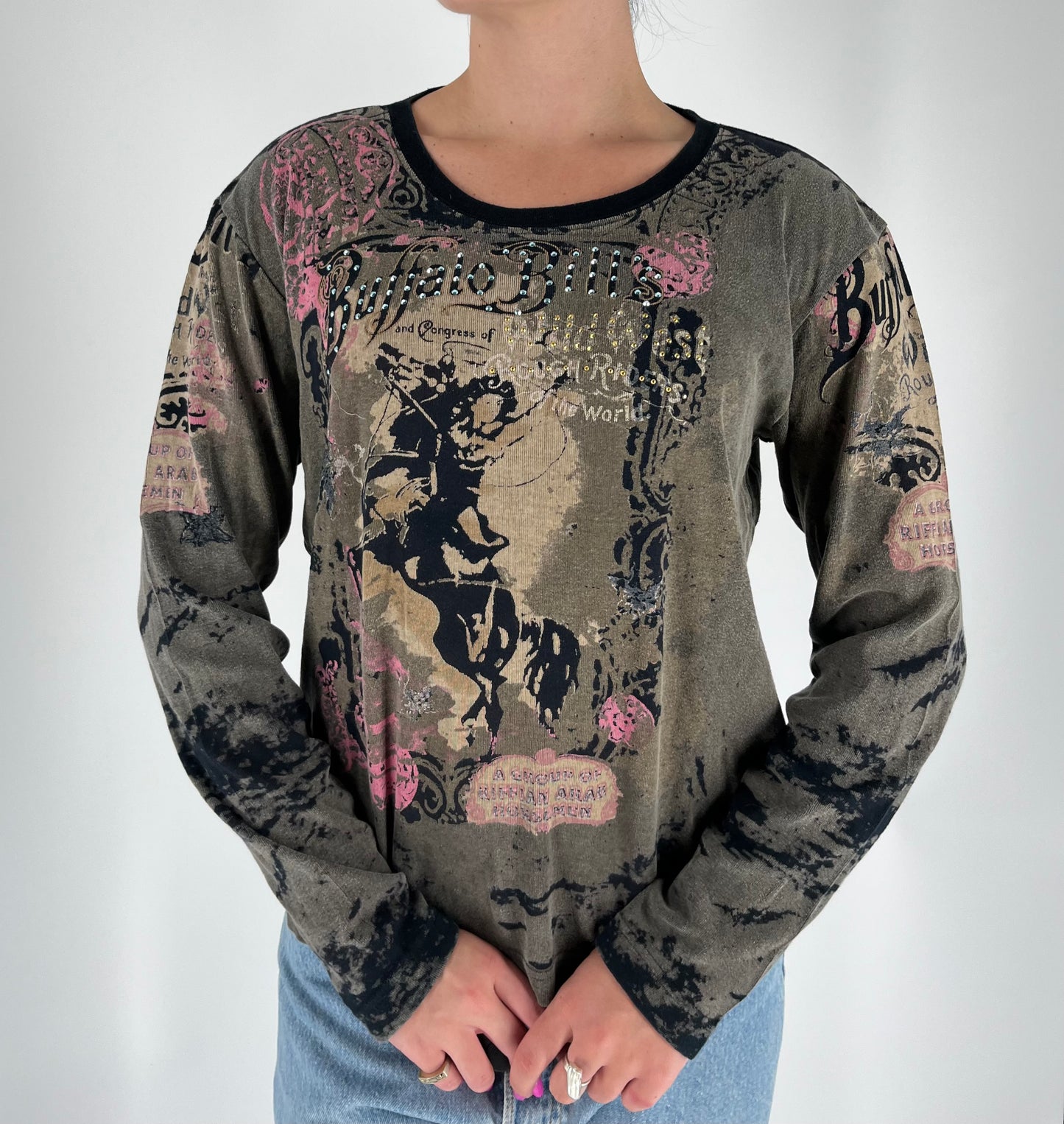 Wild West Vintage Long Sleeve With Distressed Look, Studs and Unique Graphic Print