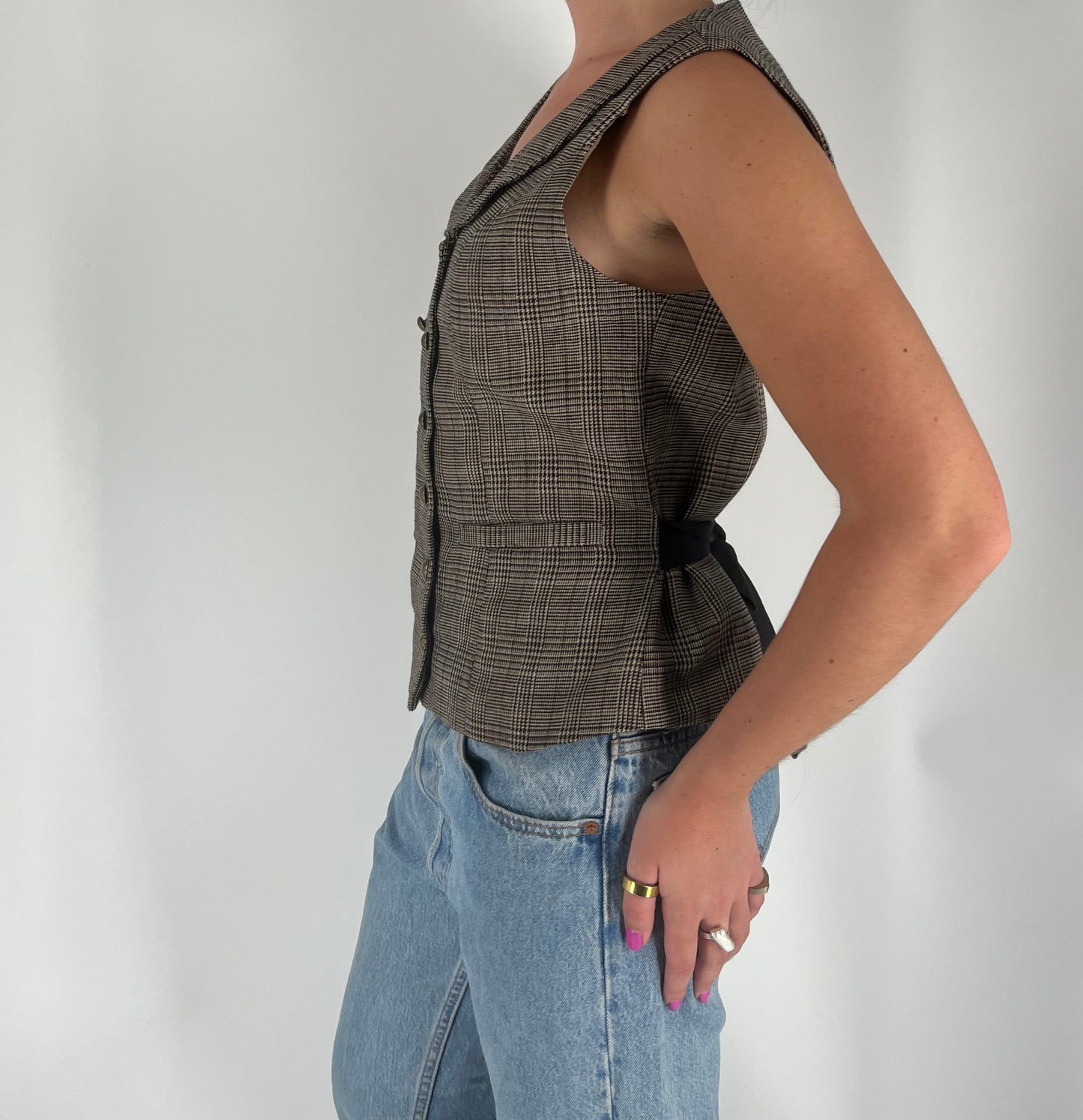 Plaid Vest With Collar, Gold Buttons and Waist Cinch Detail