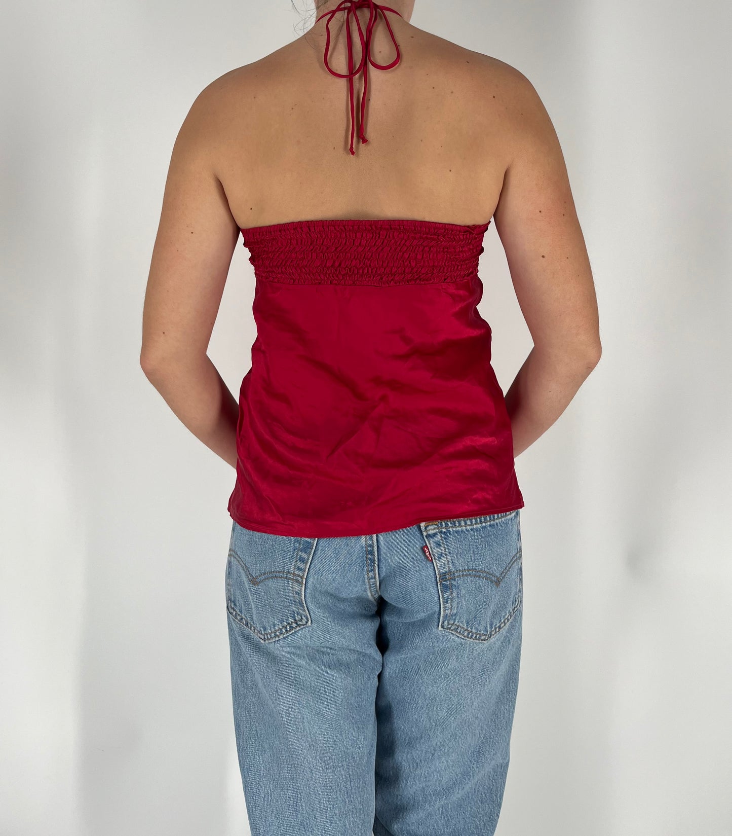 Red Satin Halter Tank With Sequin Details