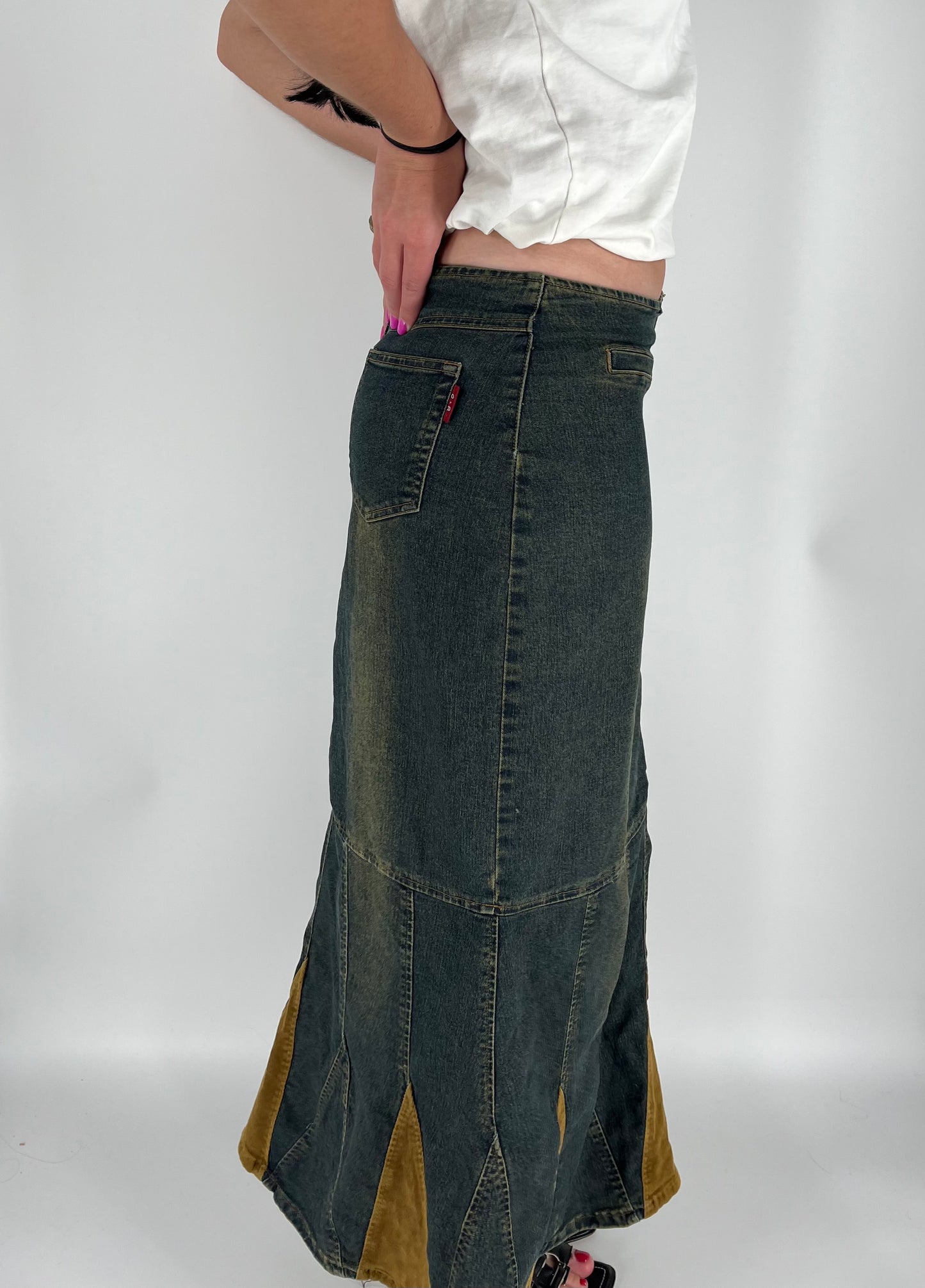 Y2K Fall Denim Maxi Skirt With Fading and Corduroy Accents