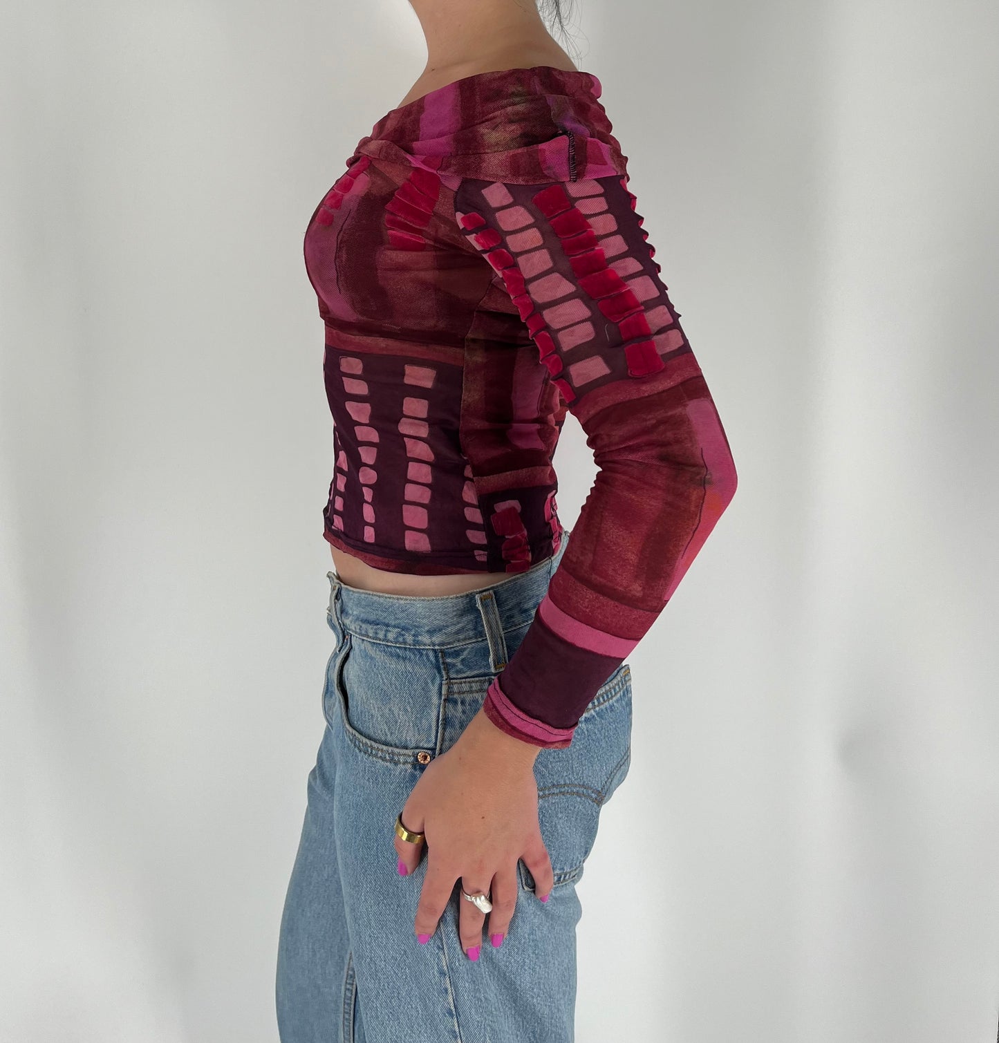 Made in France Off Shoulder Mesh Graphic Long Sleeve With Velvet Accents