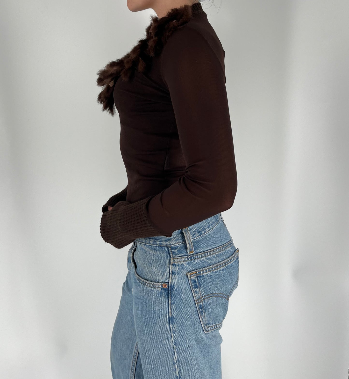 Made in France Long Sleeve Top With Feather Neckline and Sweater Material on Wrists