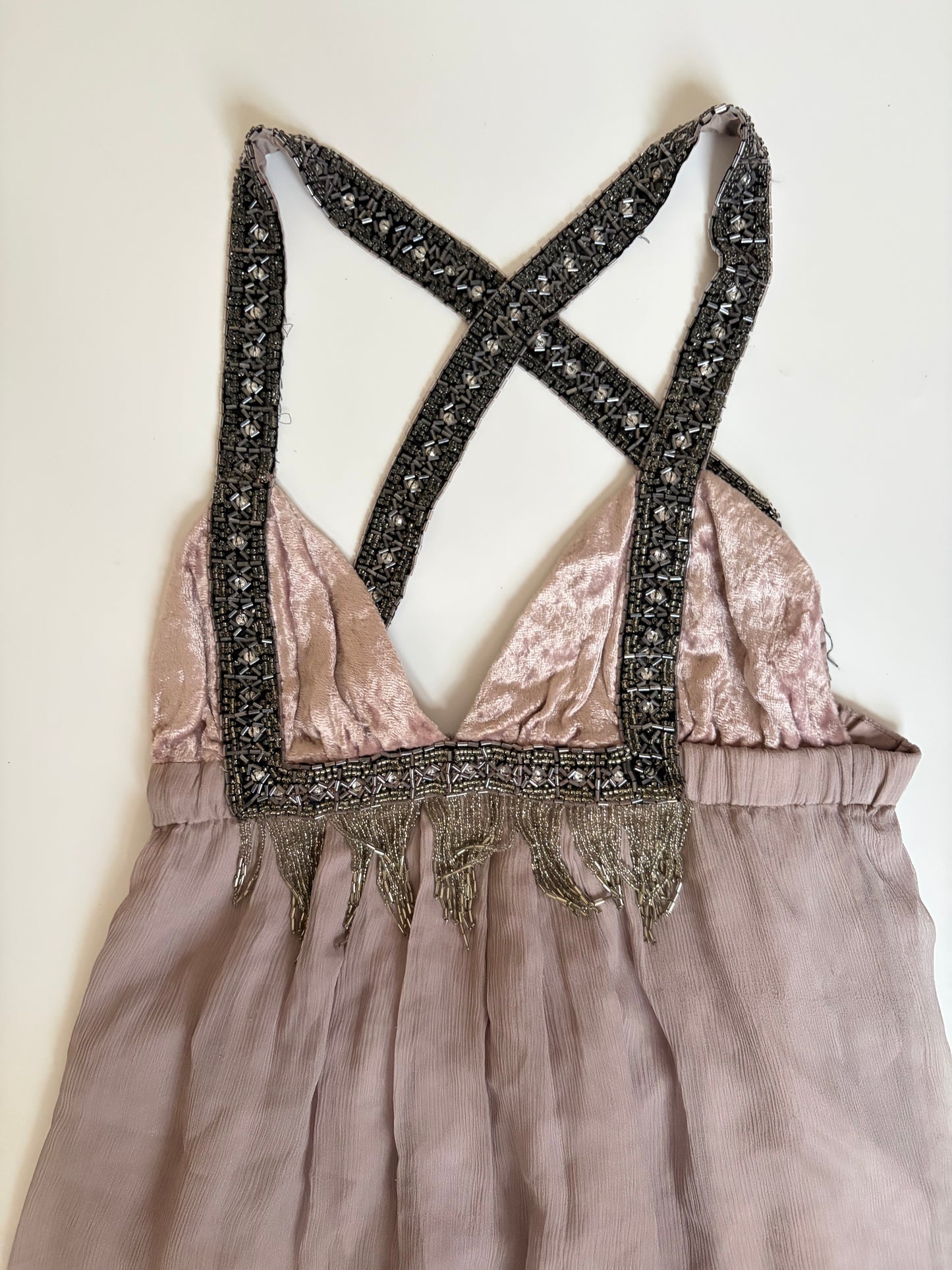Silk and Velvet Dress with Beaded Chain Straps