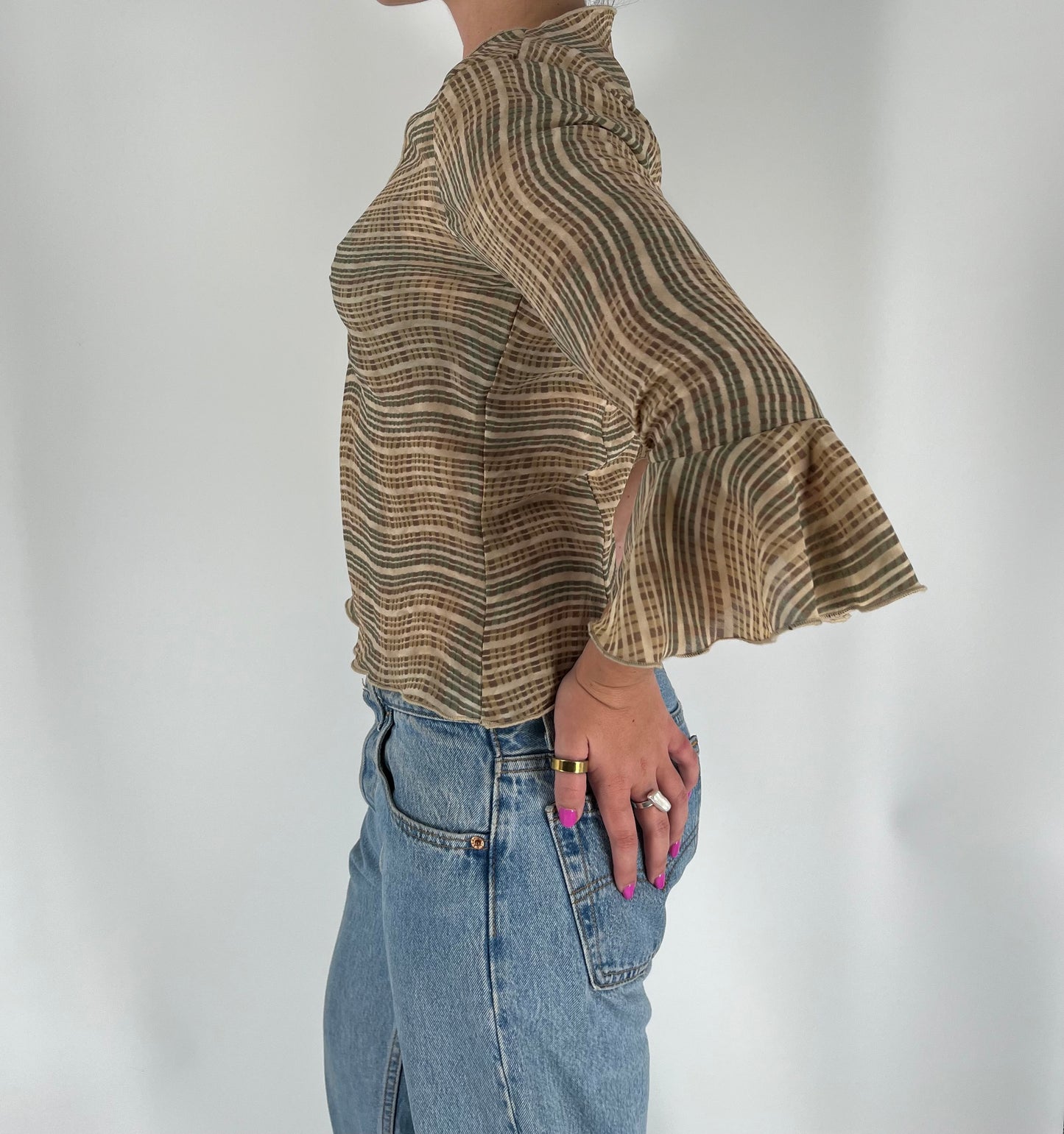 Y2K Mesh 3/4 Sleeve Top With Ruffle Sleeves