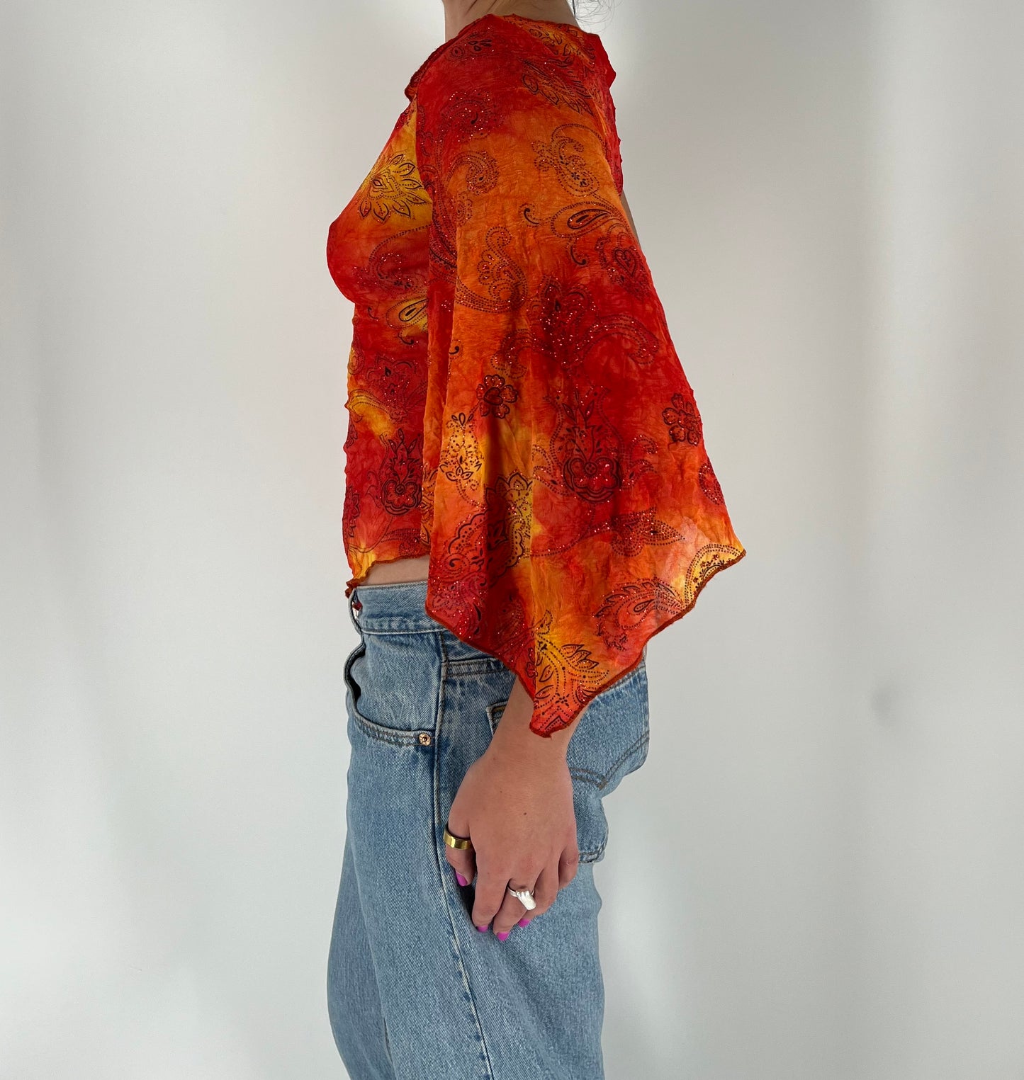 Tie Dye Mesh Asymmetrical Top With Glitter and Paisley Print