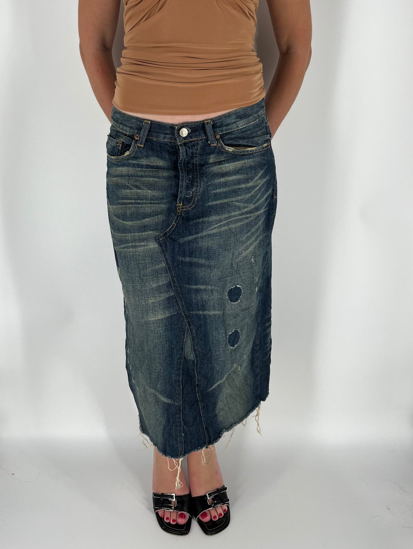 Distressed Denim Levi’s Skirt With Fading and Reworked Accents