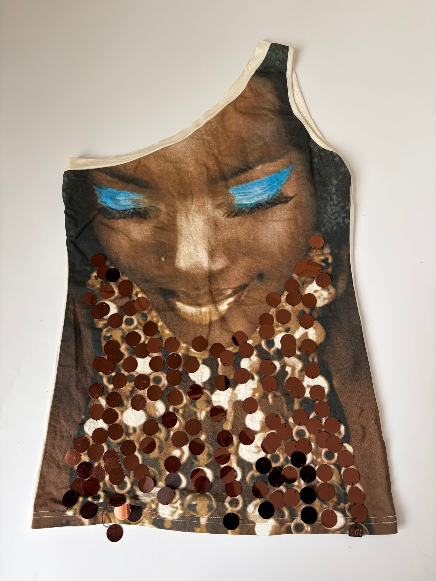 Euro Sequin Portrait One Shoulder Tank