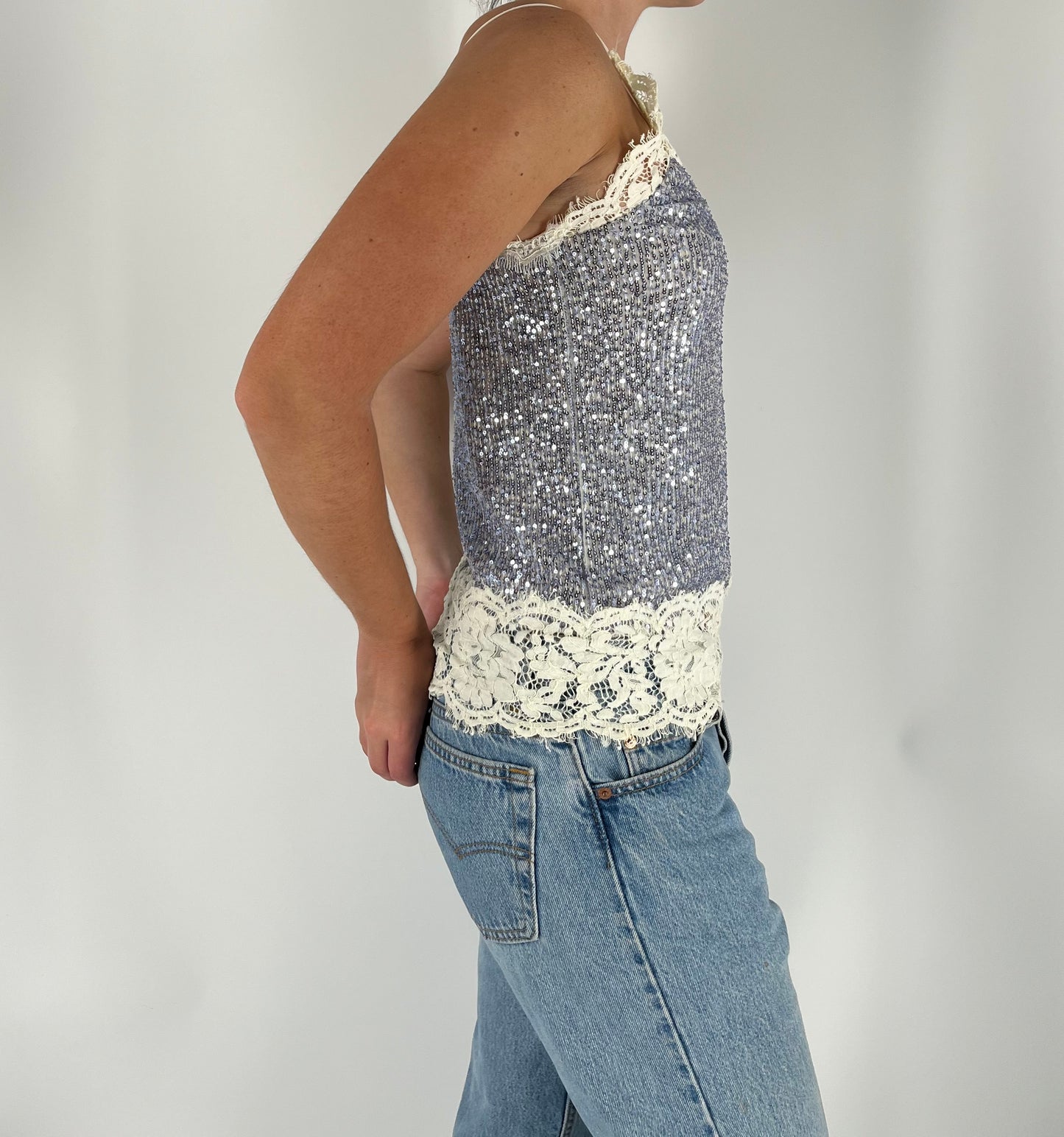 Made in Italy Sequin Lace Tank With Asymmetrical Lace Trim