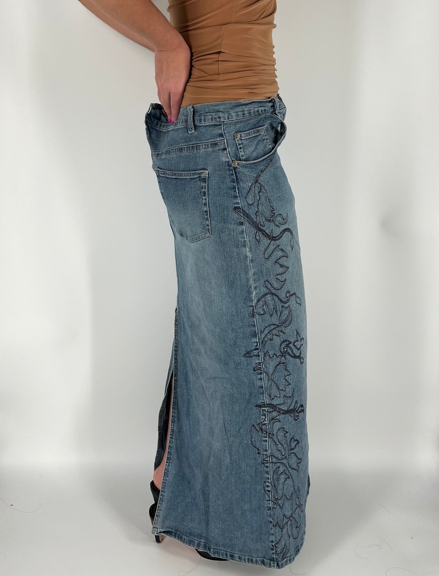 Denim Maxi Skirt With Embroidery Along Each Leg