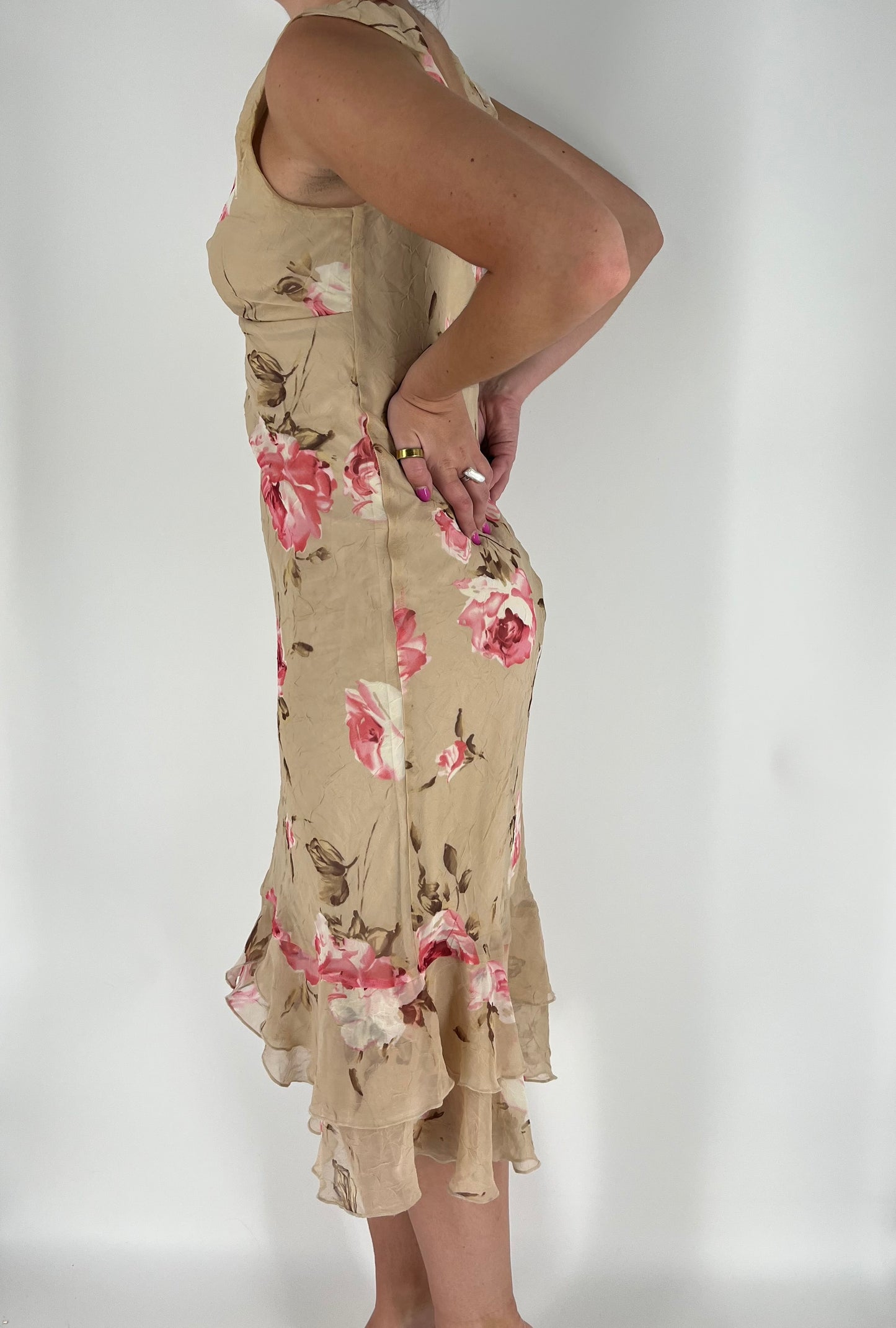 Elegant Floral Midi Dress With Bust Gathering and Ruffles