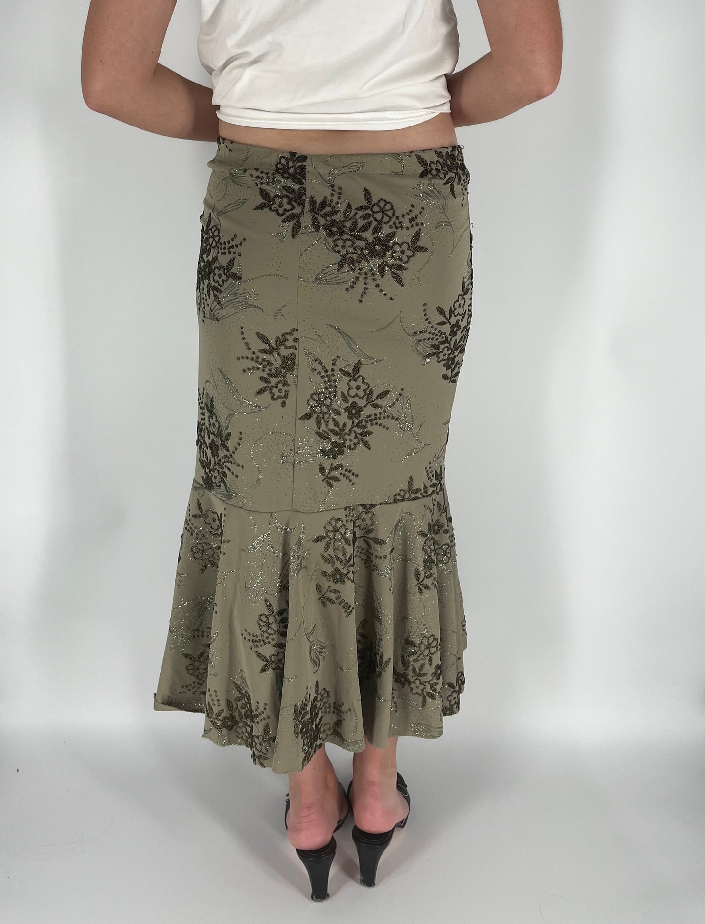 Handmade One-of-a-Kind Ruffle Mermaid Skirt With Beaded Flowers and Glitter