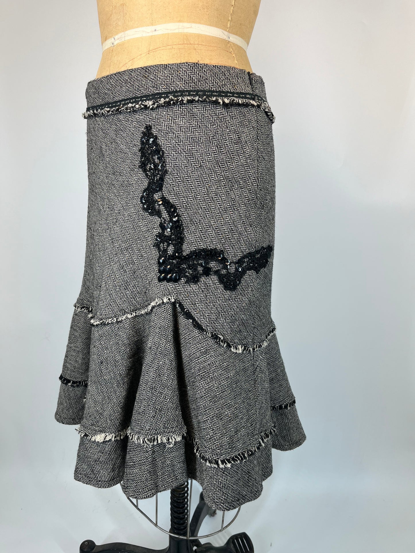 Wool Skirt With Tiered Ruffles and Lace Accents
