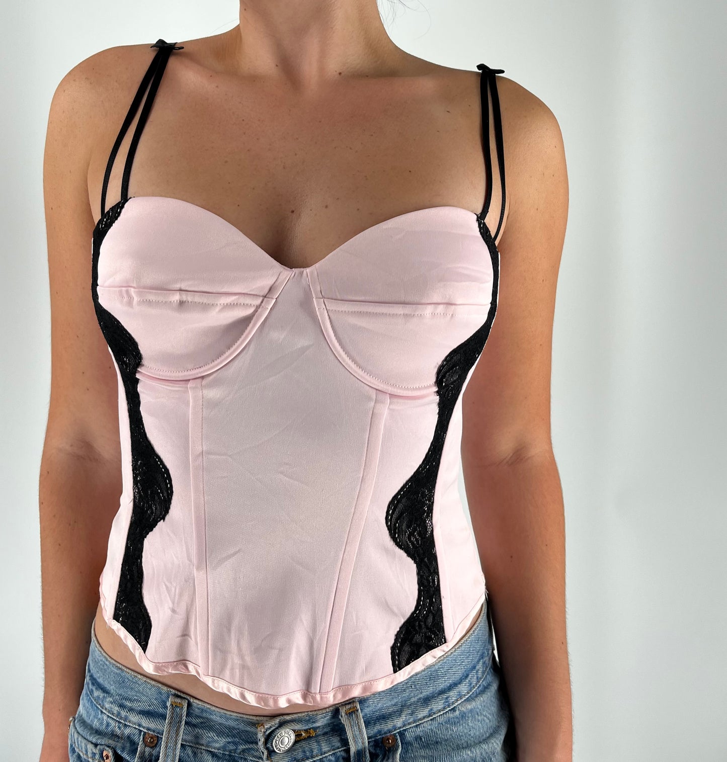 French Style Bustier Corset With Black Lace and Unique Straps