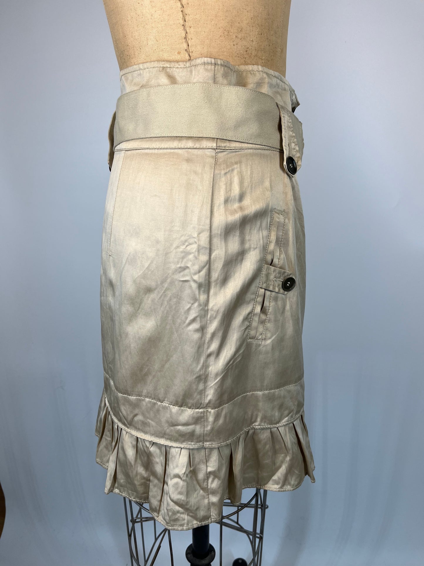 Satin Button Up Skirt with Ruffles and Adjustable Belt