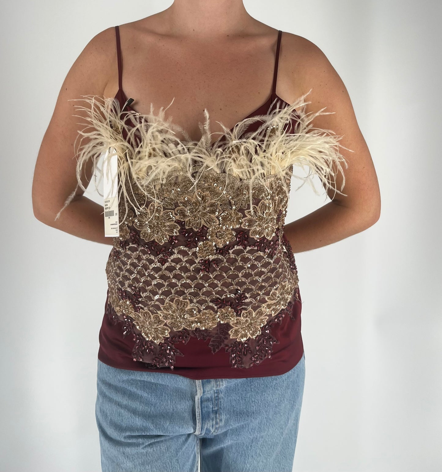 100% Silk Handmade Tank With Feathers and Beaded Appliqués