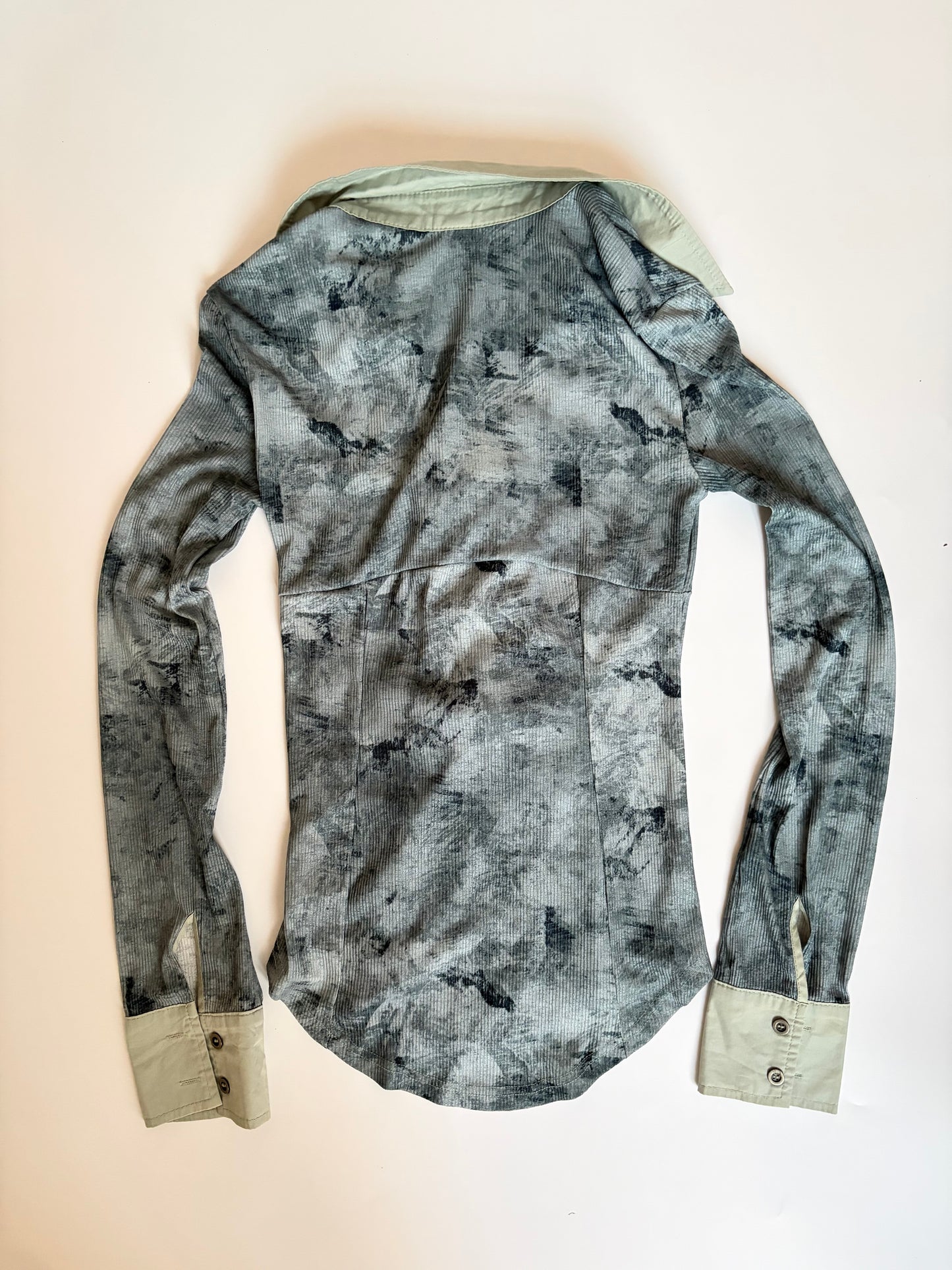 Distressed Print Collared Long Sleeve with Tie Up Closure