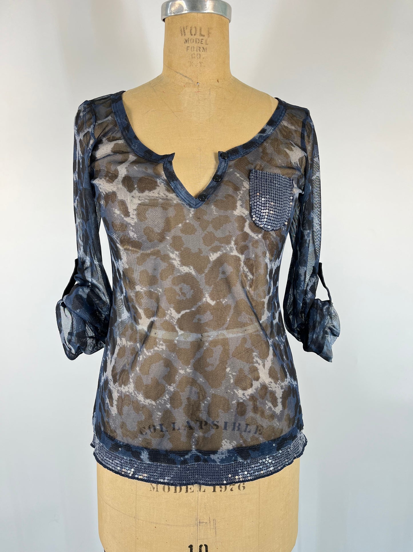 Mesh Cheetah Top With Sequin Accents and Adjustable 3/4 Sleeves