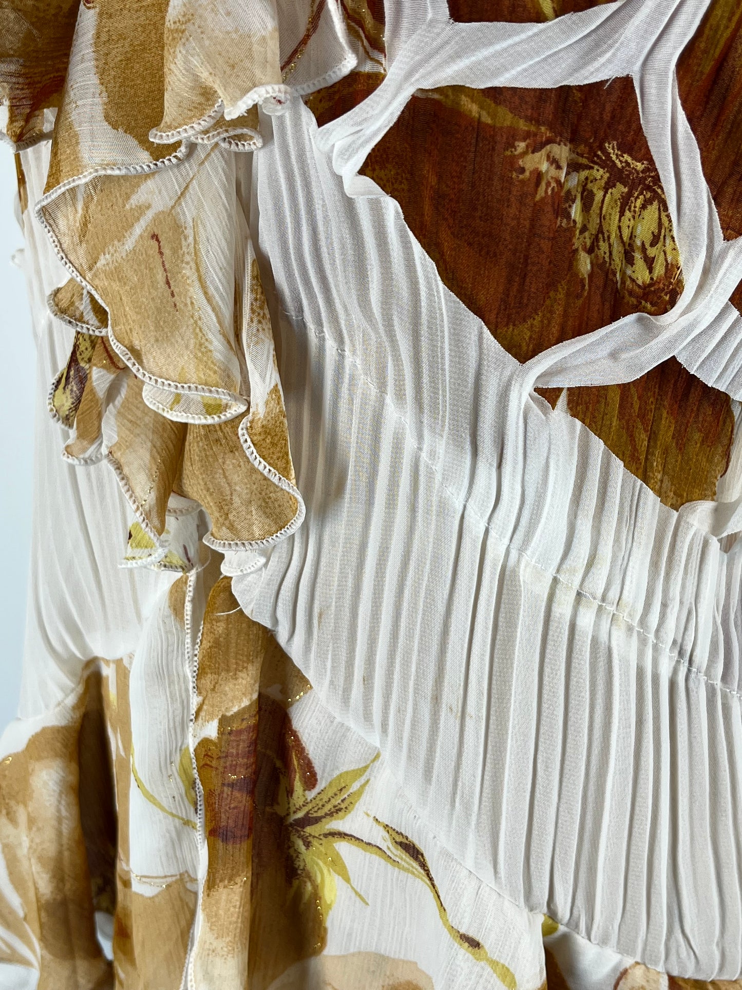 Sheer Ruffle Button Up With Floral Print and Unique Cutouts