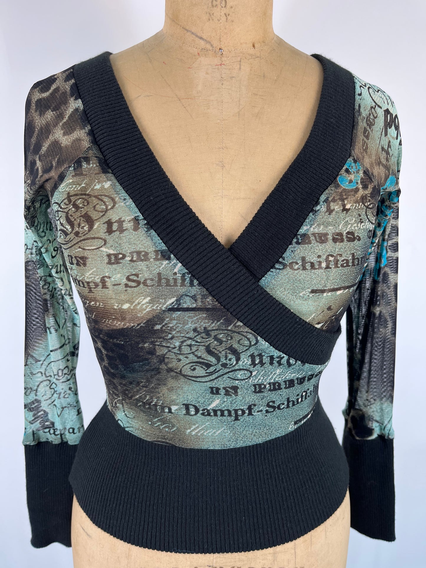 Euro-Style Mesh Printed Top With Knit Accents