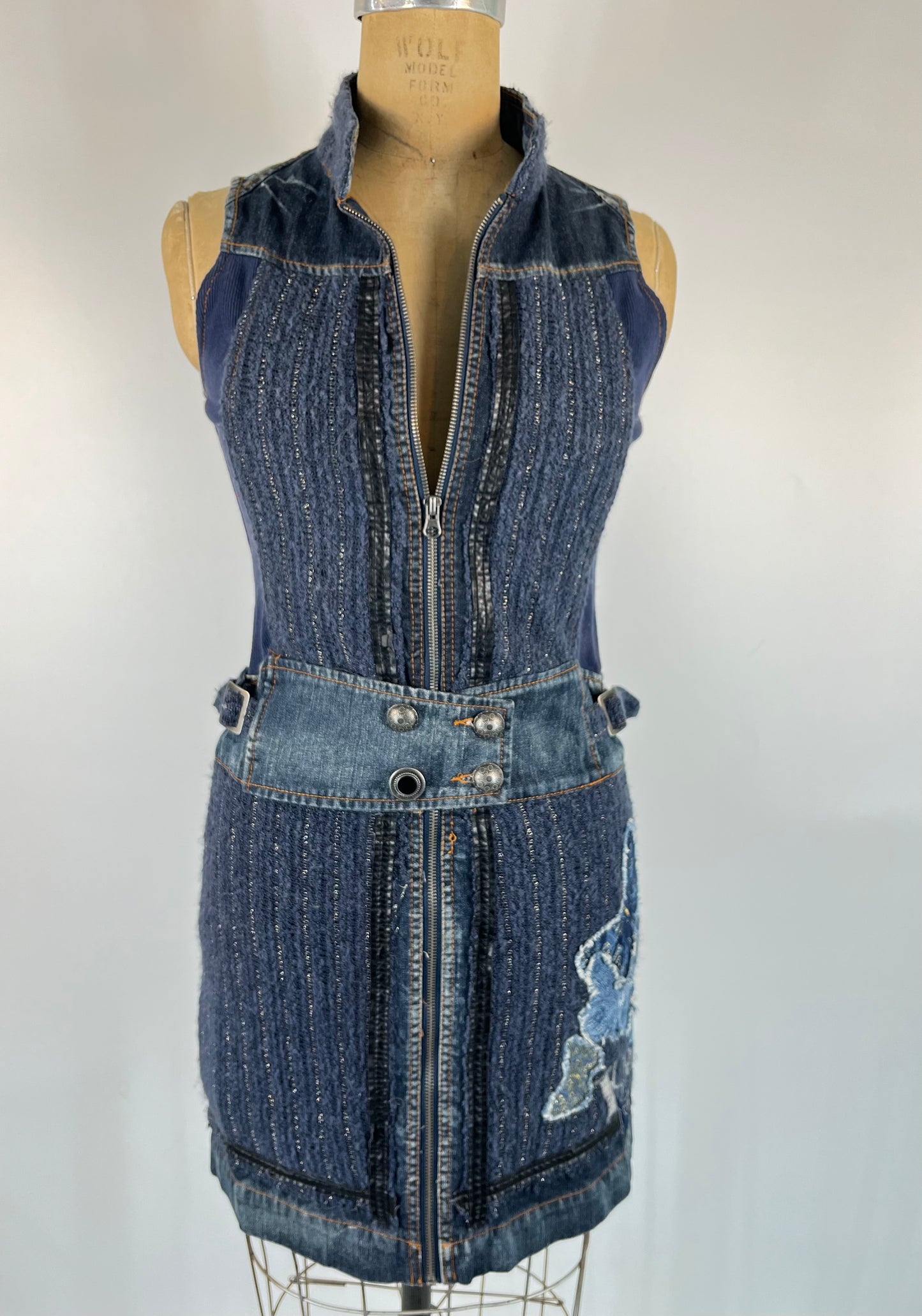Denim Tweed Mini Dress With Irregular Buttons