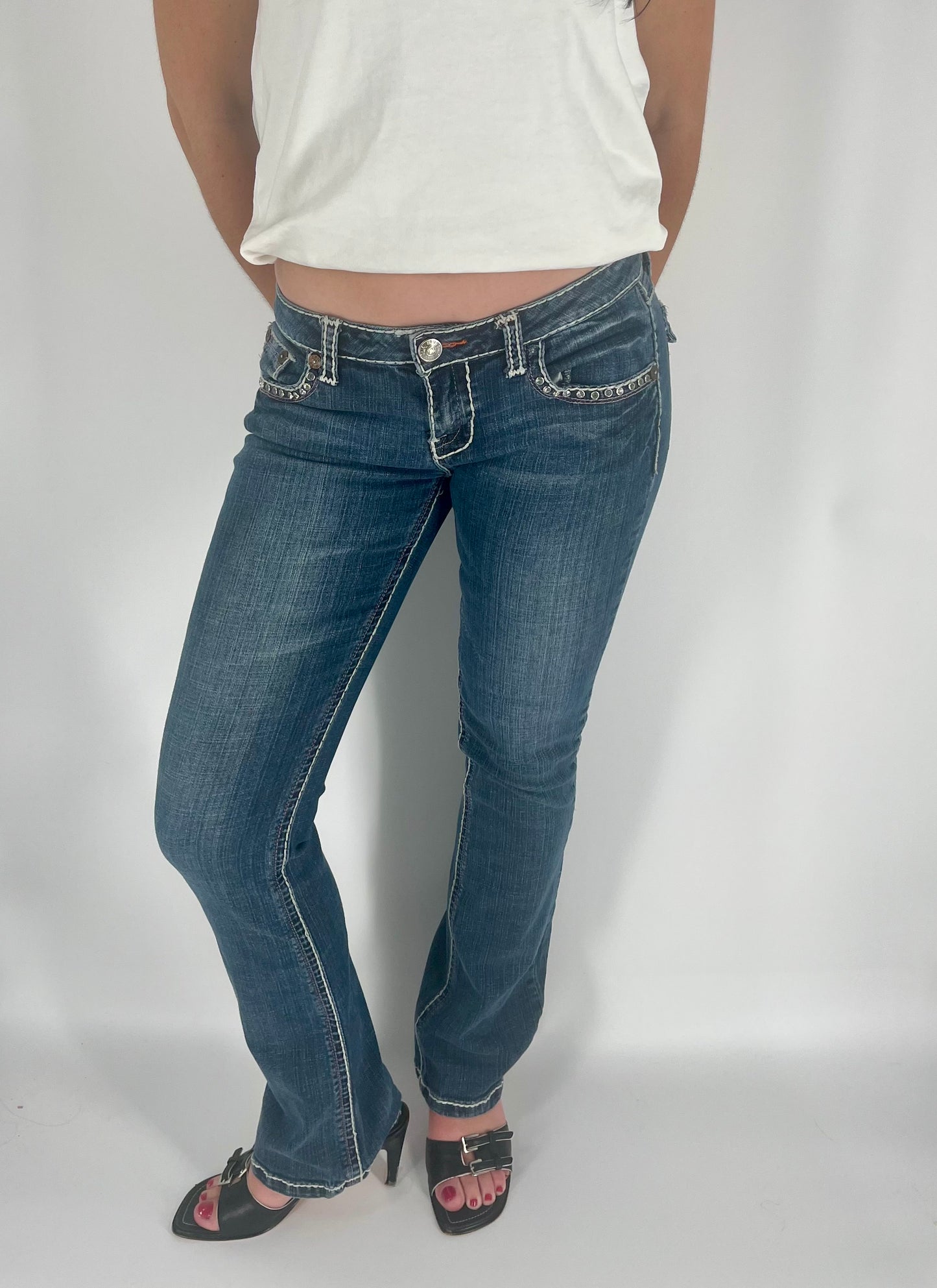 Y2K Low Rise Skinny Flare Jeans With White Stitching, Studs And Logo Butt Pockets