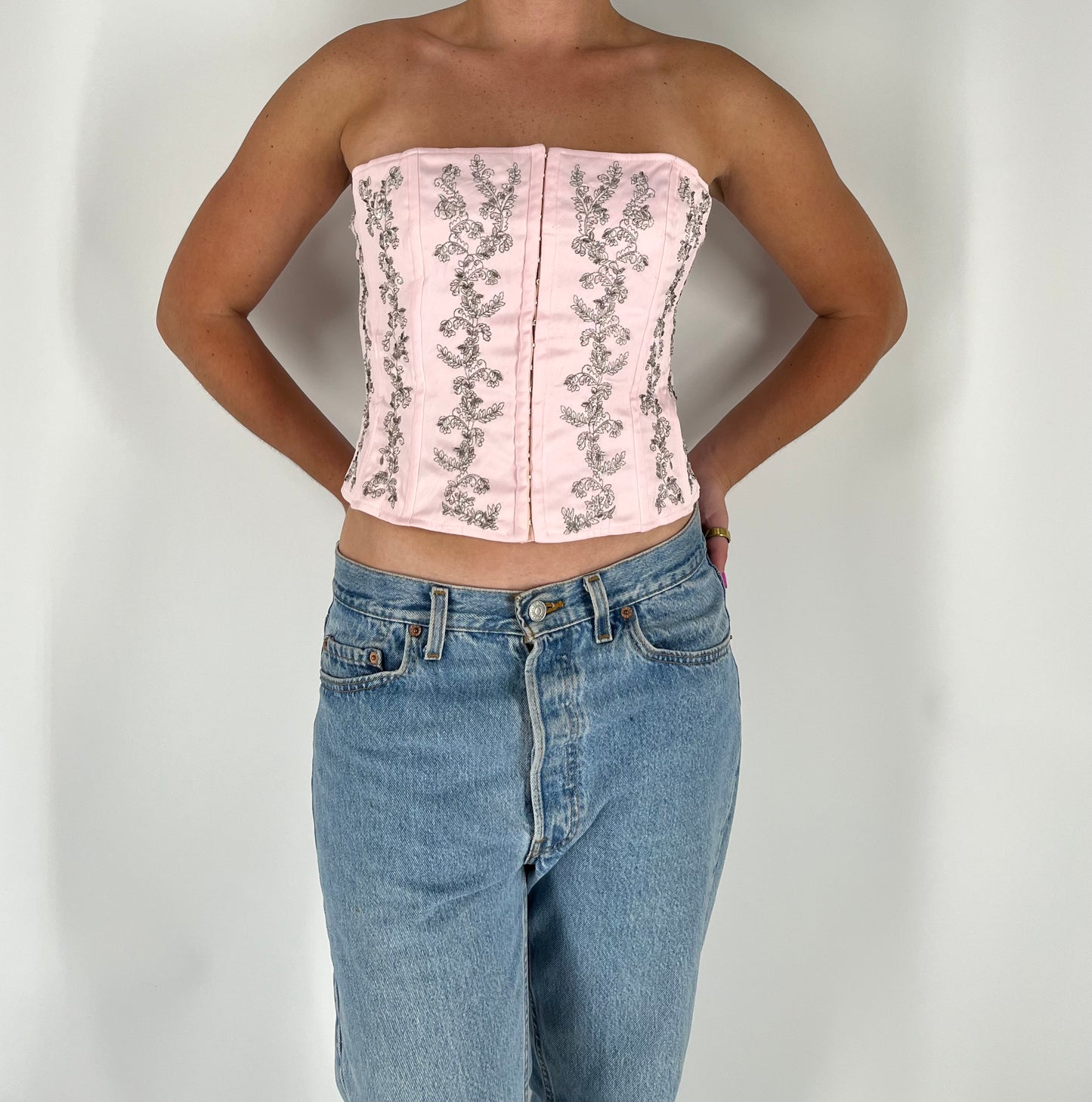Pink Strapless Corset With Beaded Embroidery