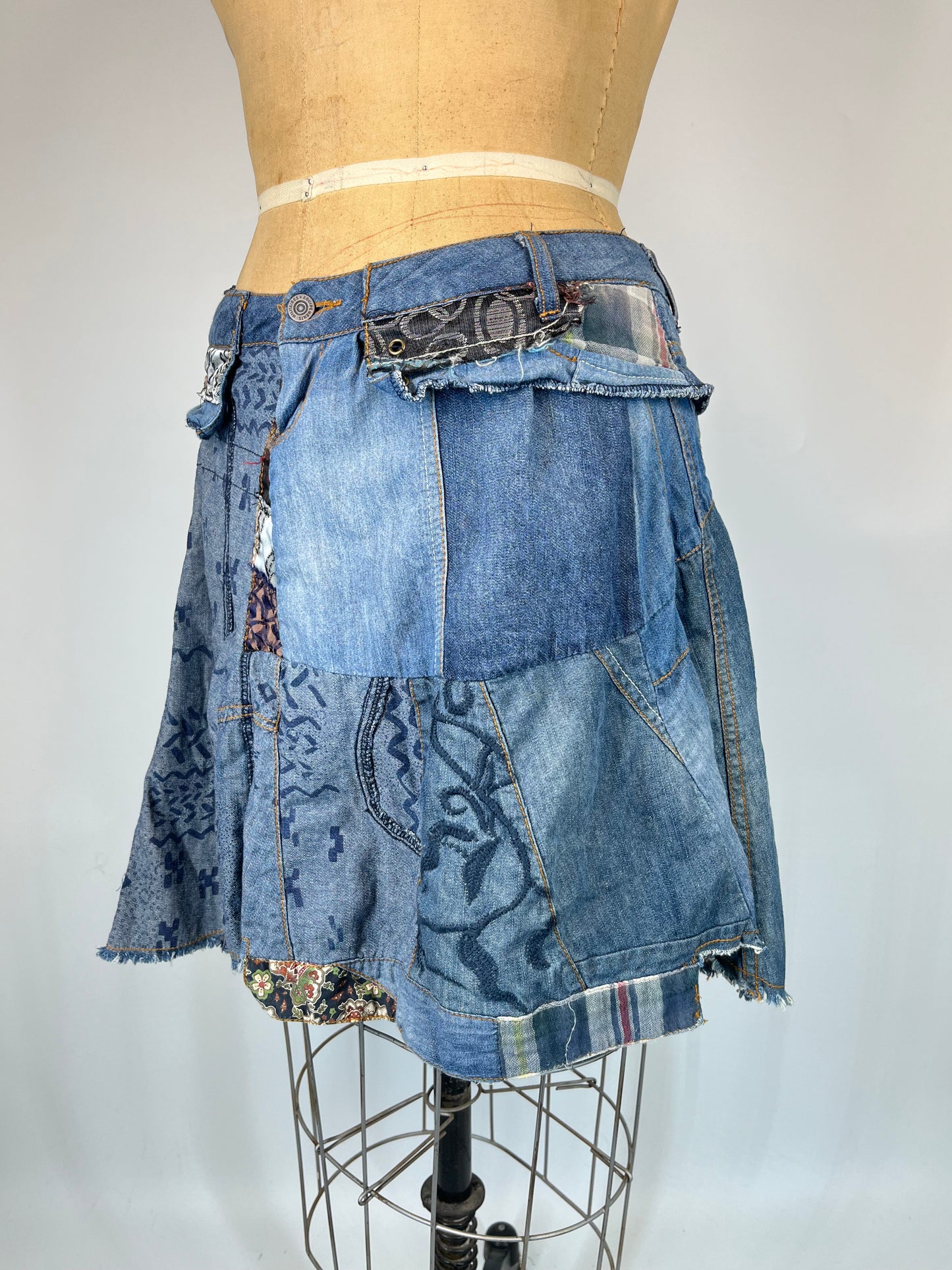 Abstract Print Denim Skirt With Plaid Accents