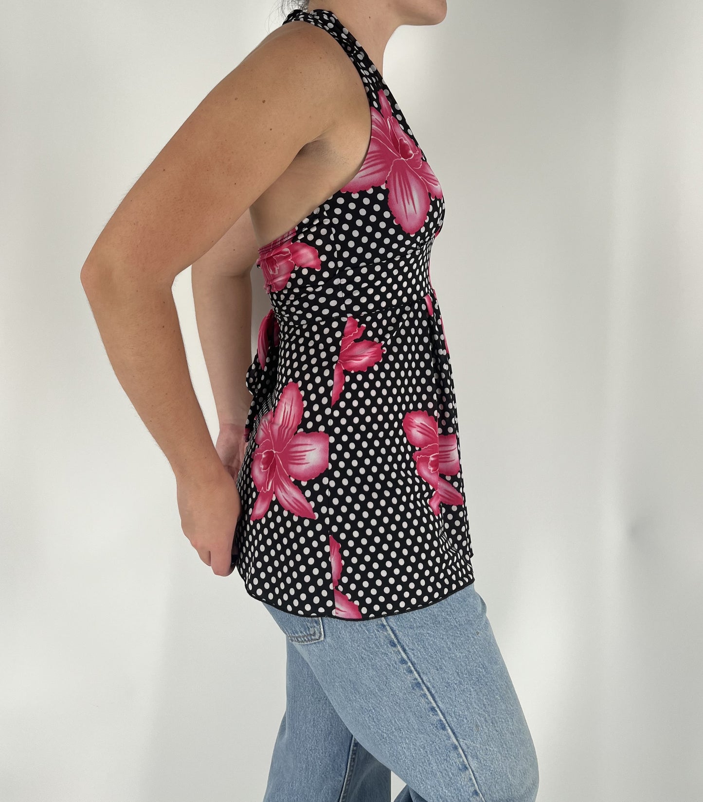 Y2K Black Polka Dot Halter Top with Pink Floral Print