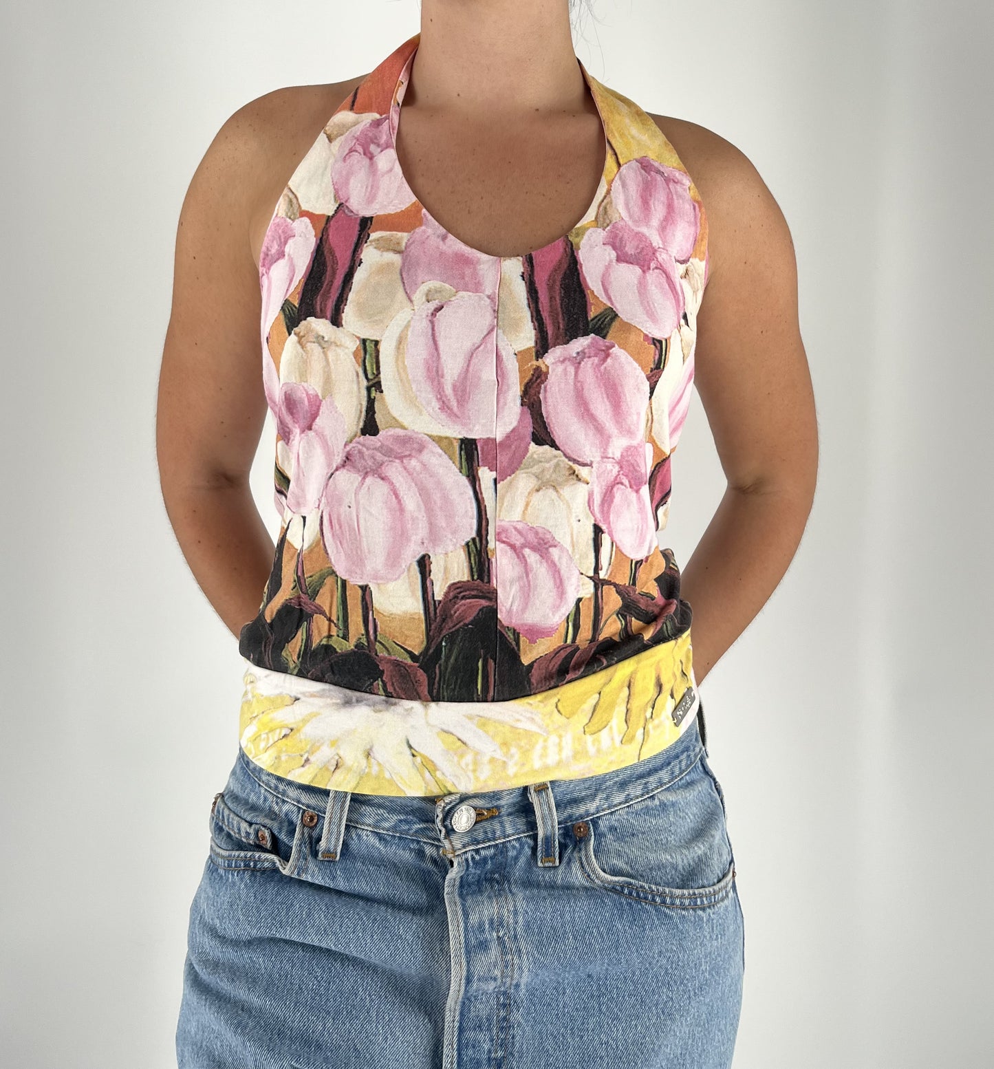 Made in Italy Vintage Floral Halter Top with Pink Tulip Print