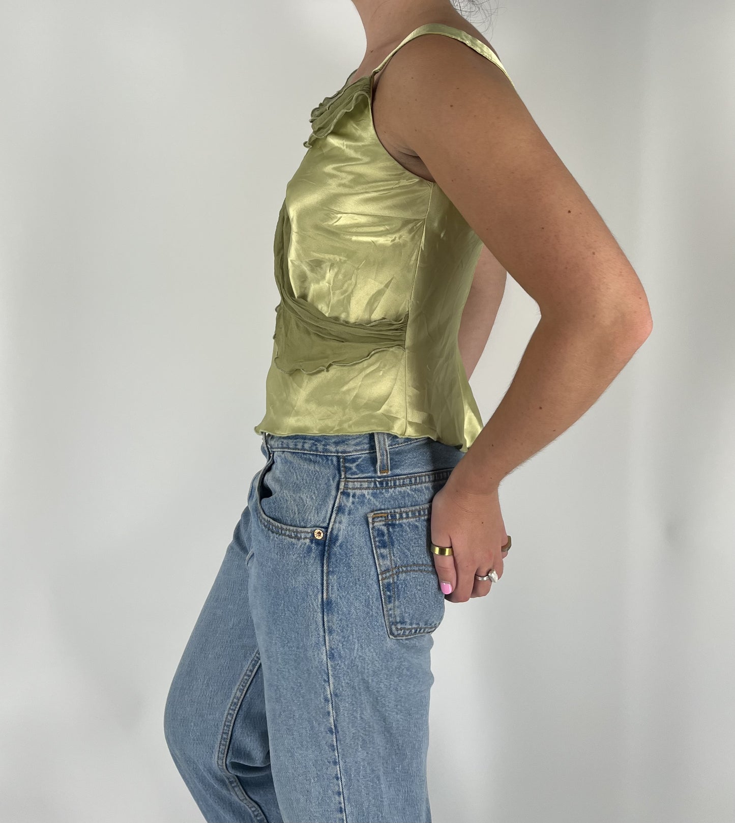 100% Silk Vintage Lime Green Satin Drape Tank – 90s Evening Top
