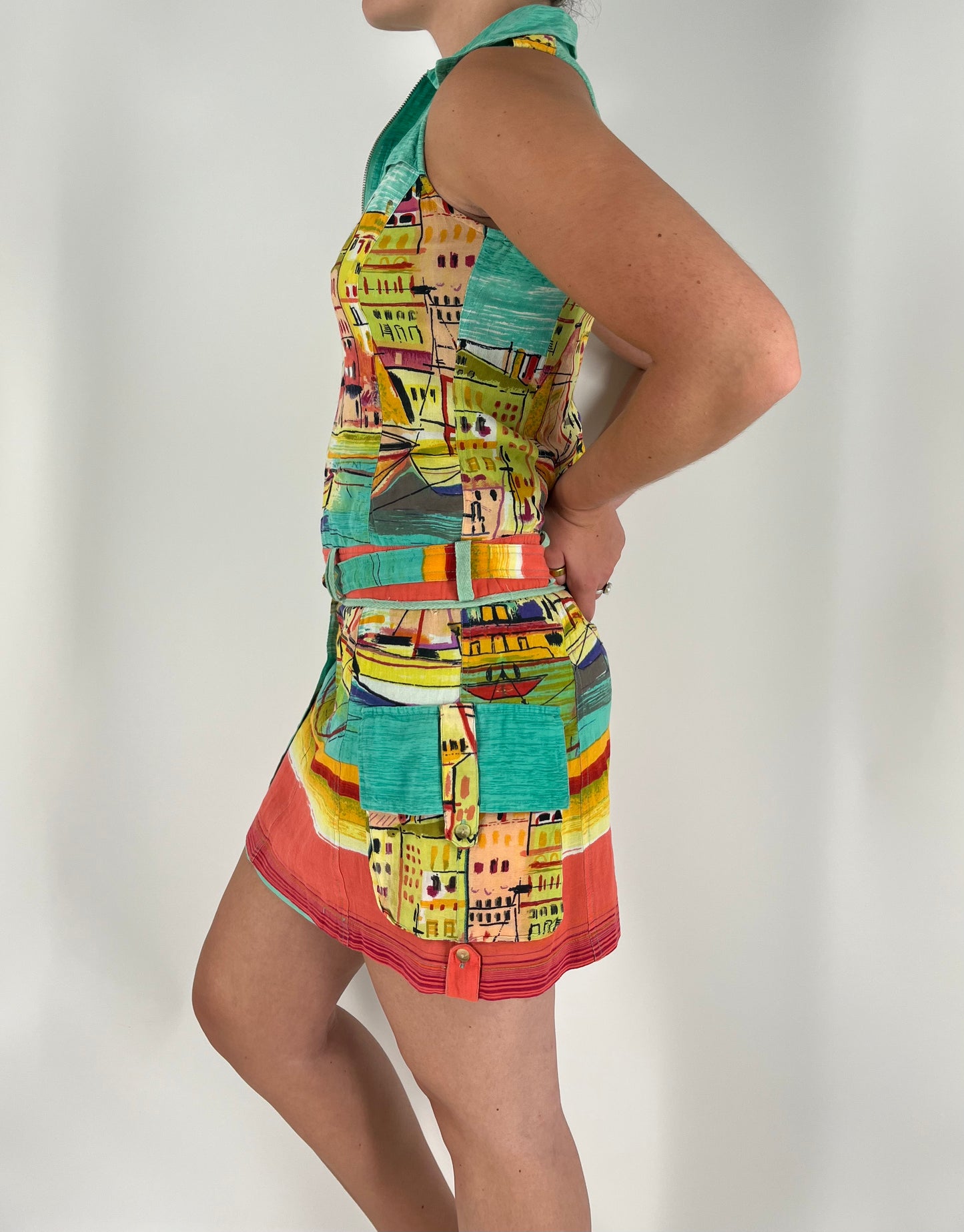 Rare Rene Derhy Cargo Dress with European Watercolor Print