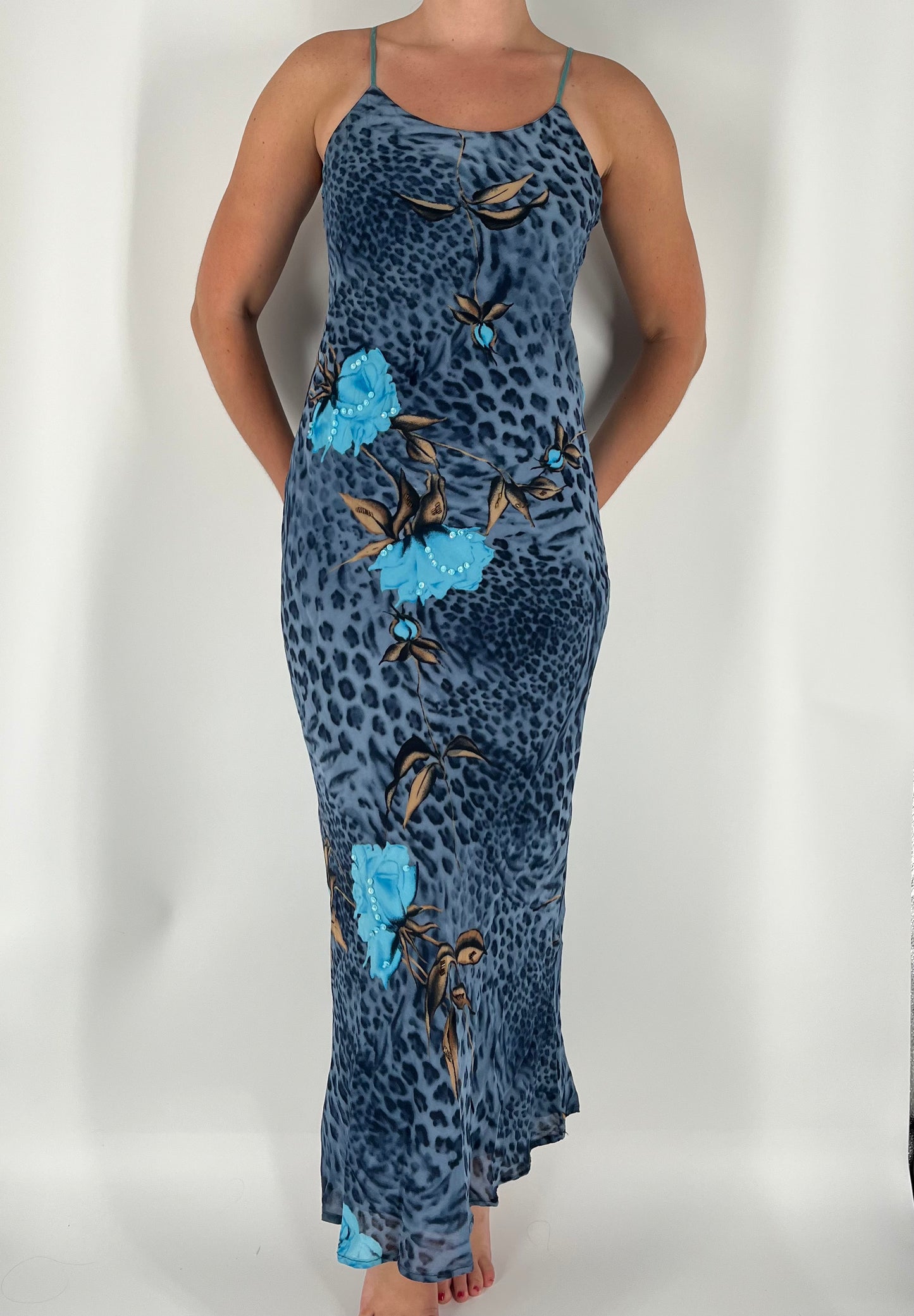 100% Silk Made In Italy Blue Cheetah Maxi Dress