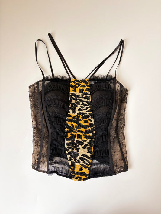 Made in Italy Beaded Animal Print Lace Corset