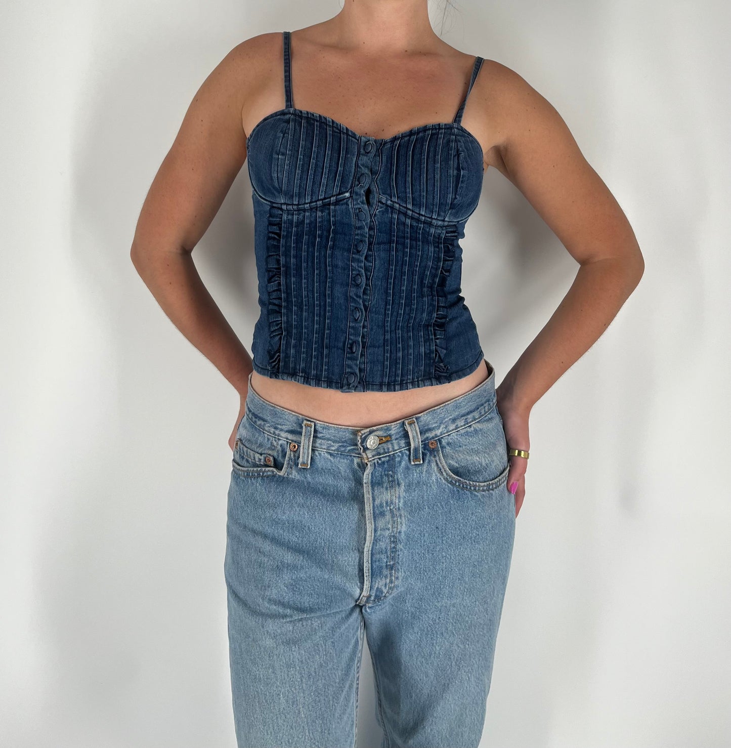Denim Crop Top With Button Closure, Sweetheart Neckline and Puckering