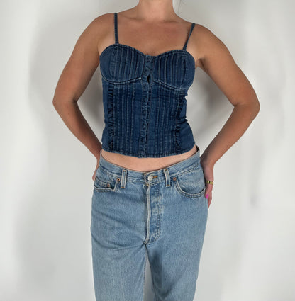 Denim Crop Top With Button Closure, Sweetheart Neckline and Puckering