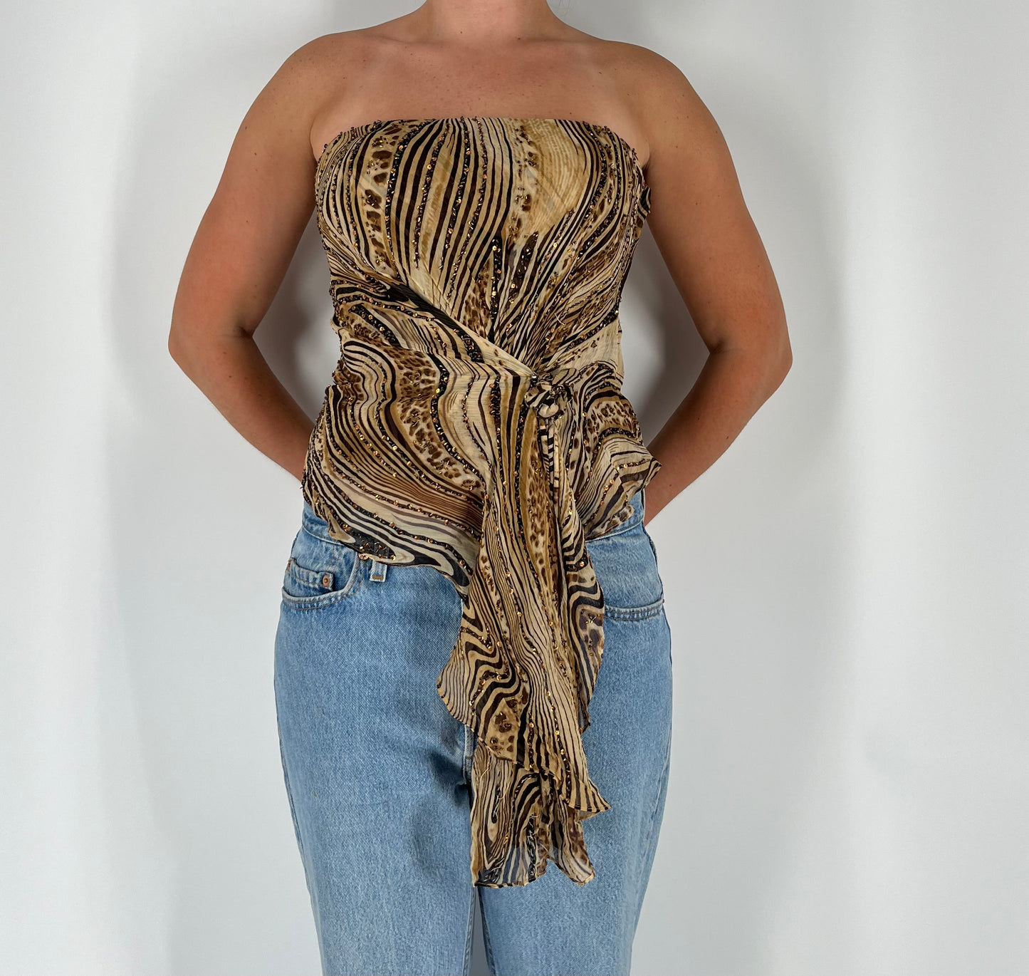 100% Silk Cache Sequin Asymmetrical Strapless Top With Removable Rosette