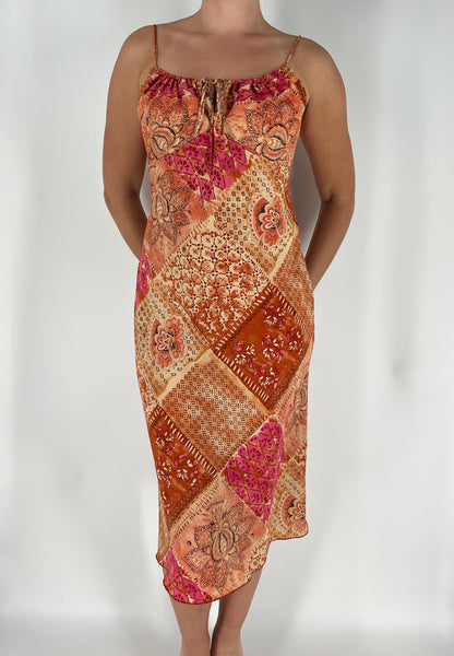 Patchwork Paisley Floral Midi Dress Burnt Autumn Color Scheme