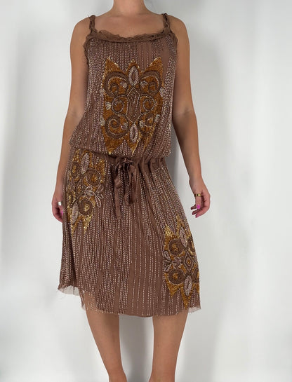 100% Silk Dress With Beading and a Ribbon Belted Waist