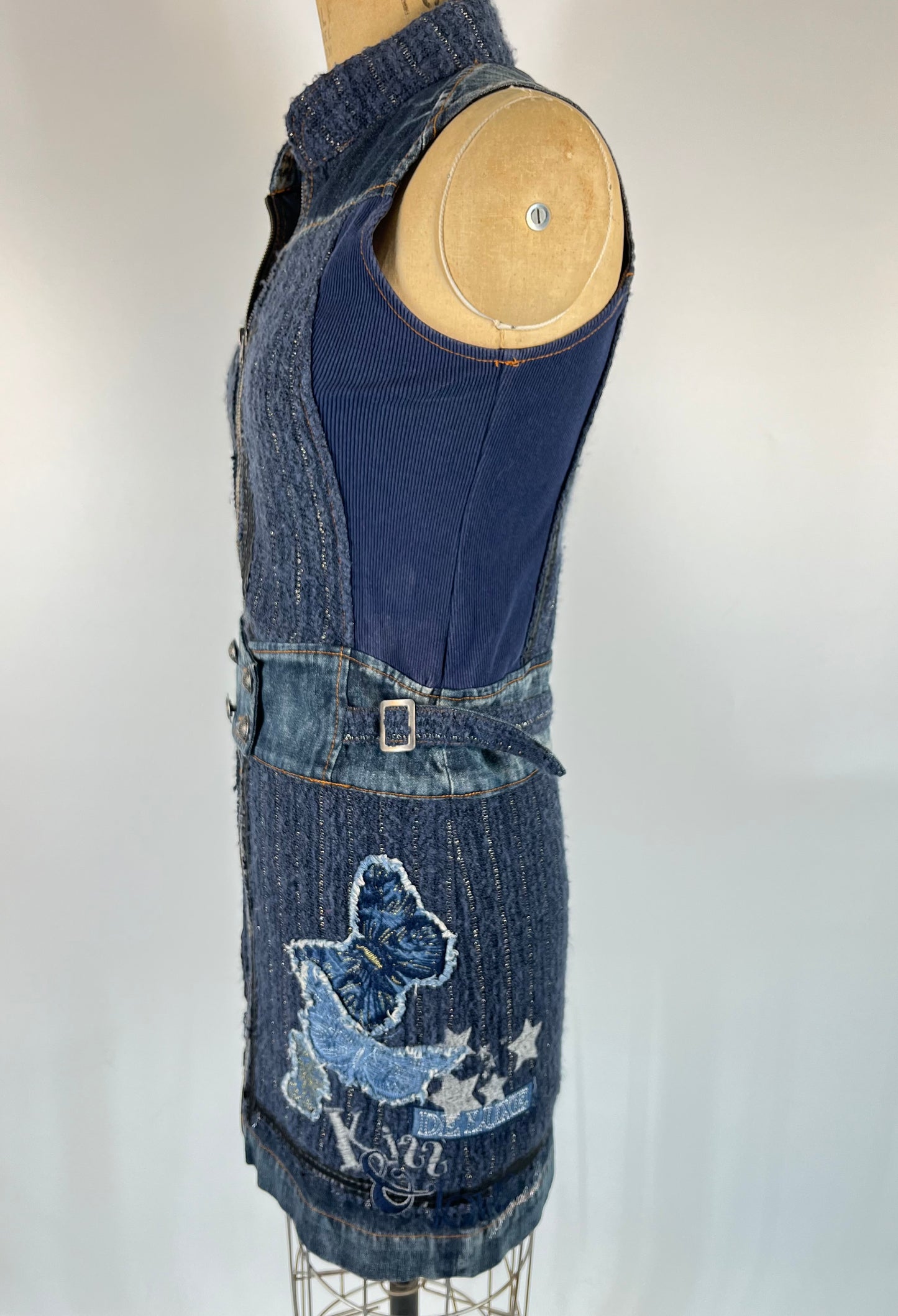 Denim Tweed Mini Dress With Irregular Buttons