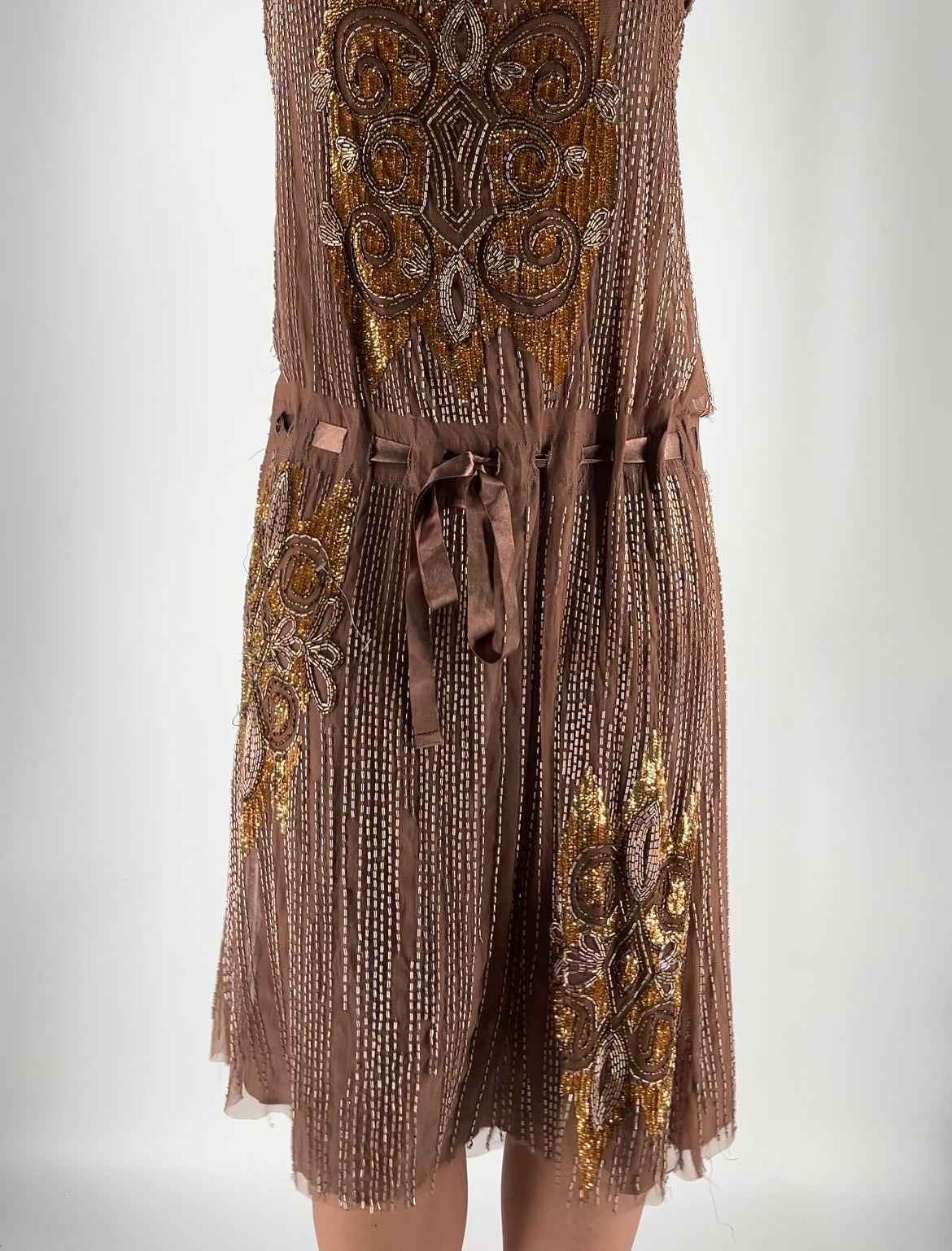 100% Silk Dress With Beading and a Ribbon Belted Waist