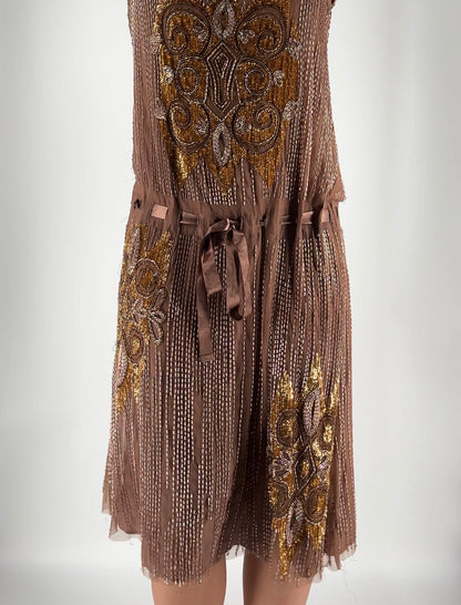 100% Silk Dress With Beading and a Ribbon Belted Waist