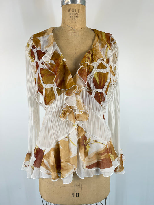 Sheer Ruffle Button Up With Floral Print and Unique Cutouts