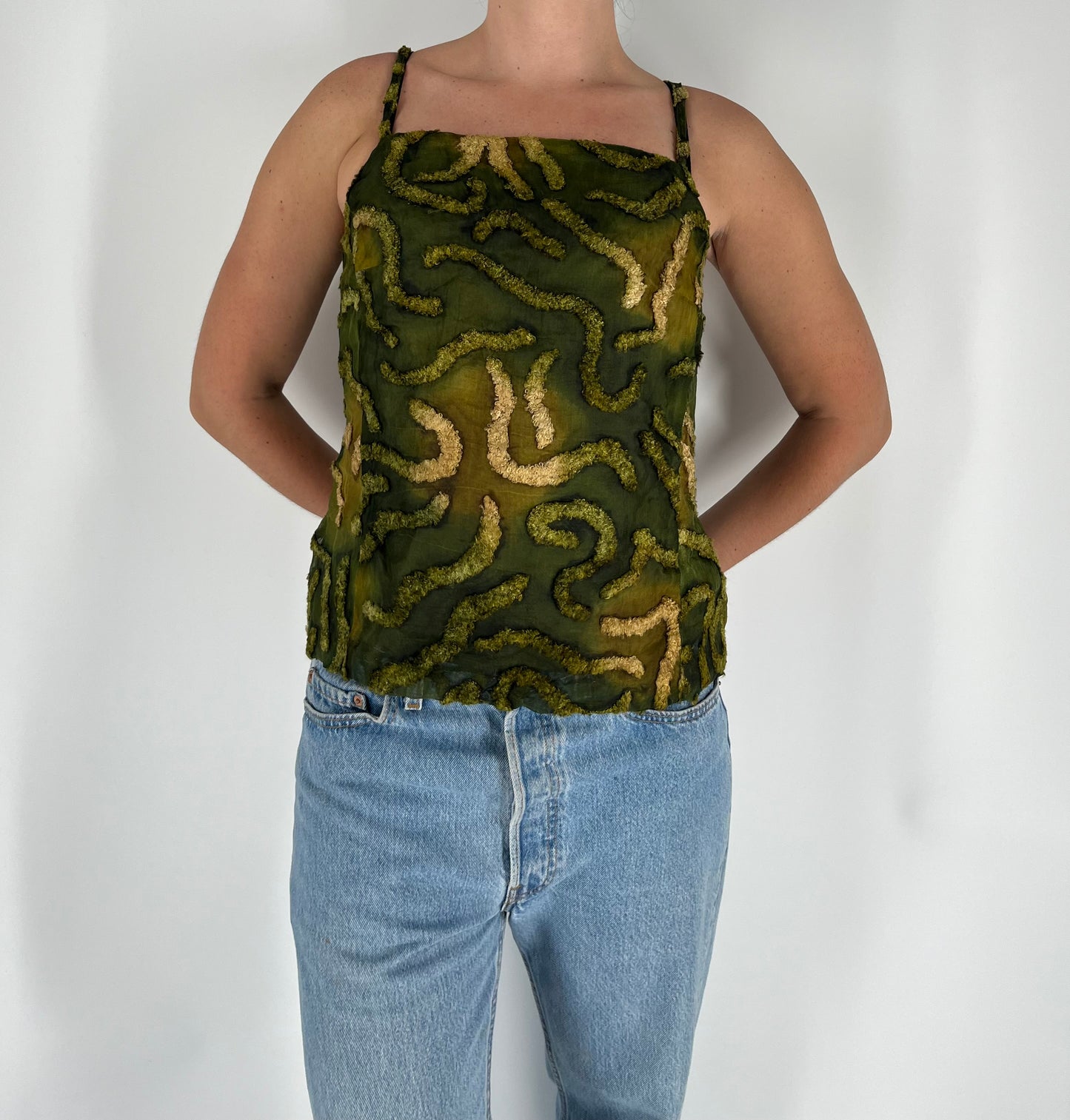 Abstract Textured Swirl Print Tank With Spaghetti Straps and Unique Fading