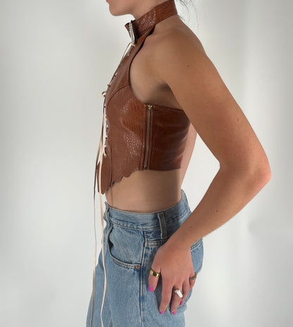 Unique Halter Crop Top With Belt Neck and Lace Up Detail
