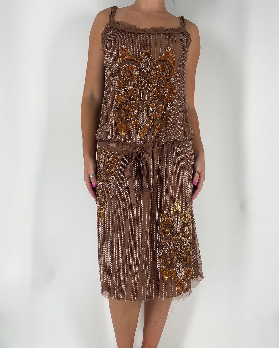 100% Silk Dress With Beading and a Ribbon Belted Waist