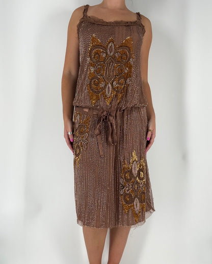 100% Silk Dress With Beading and a Ribbon Belted Waist