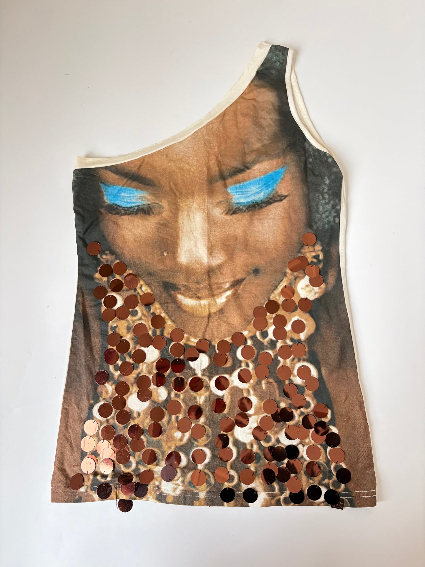 Euro Sequin Portrait One Shoulder Tank