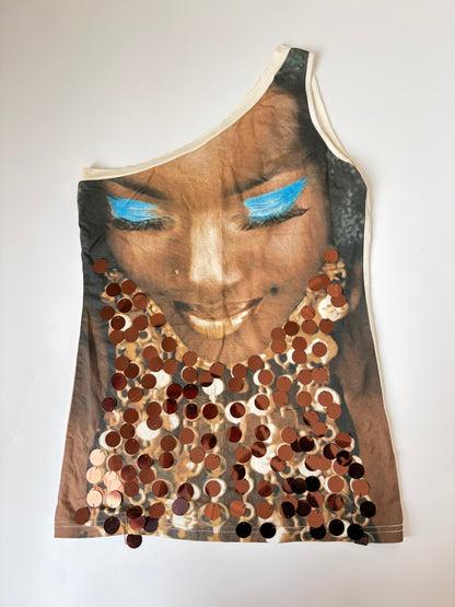Euro Sequin Portrait One Shoulder Tank
