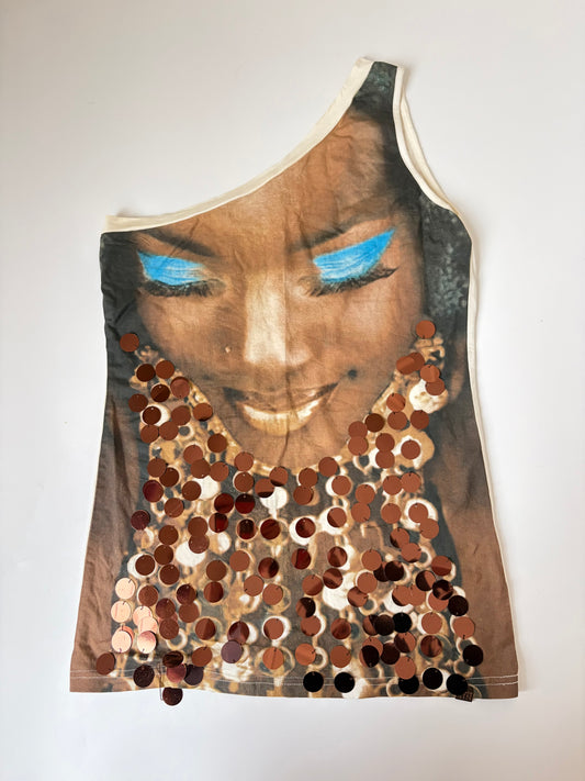 Euro Sequin Portrait One Shoulder Tank